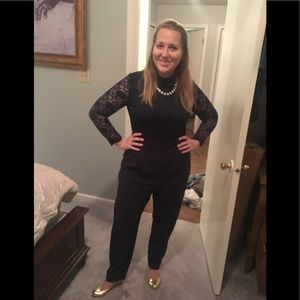 Navy blue lace collared jumpsuit with pockets